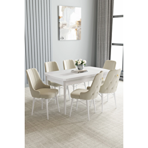 Zümra Serisi, Beyaz 80x132 Açılabilir Mdf Mutfak Masası Takımı 6 Adet Sandalye Krem