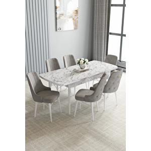 Zümra Serisi, Beyaz Mermer Desen 80x132 Açılabilir Mdf Mutfak Masası Takımı 6 Adet Sandalye Gri