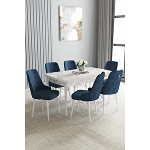 Zümra Serisi, Beyaz Mermer Desen 80x132 Açılabilir Mdf Mutfak Masası Takımı 6 Adet Sandalye Lacivert