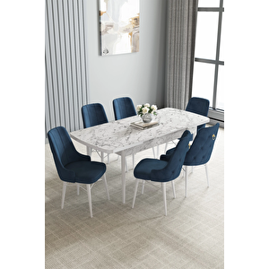 Zümra Serisi, Beyaz Mermer Desen 80x132 Açılabilir Mdf Mutfak Masası Takımı 6 Adet Sandalye Lacivert