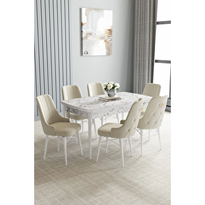 Zümra Serisi, Beyaz Mermer Desen 80x132 Açılabilir Mdf Mutfak Masası Takımı 6 Adet Sandalye Krem