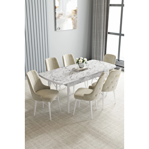 Zümra Serisi, Beyaz Mermer Desen 80x132 Açılabilir Mdf Mutfak Masası Takımı 6 Adet Sandalye Krem