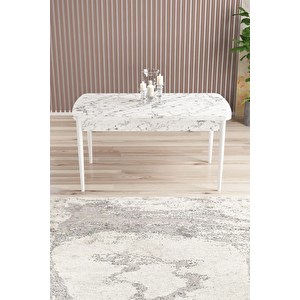 Zümra Serisi, Beyaz Mermer Desen 80x132 Açılabilir Mdf Mutfak Masası Takımı 6 Adet Sandalye Krem