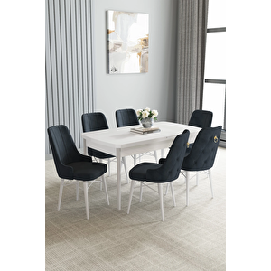 Zümra Serisi, Beyaz 80x132 Açılabilir Mdf Mutfak Masası Takımı 6 Adet Sandalye Antrasit