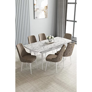 Zümra Serisi, Beyaz Mermer Desen 80x132 Açılabilir Mdf Mutfak Masası Takımı 6 Adet Sandalye Cappucino