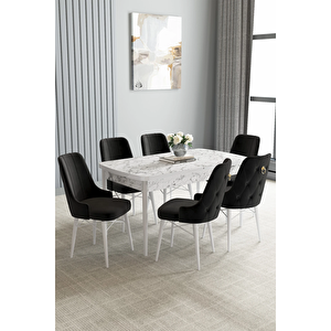 Zümra Serisi, Beyaz Mermer Desen 80x132 Açılabilir Mdf Mutfak Masası Takımı 6 Adet Sandalye Siyah