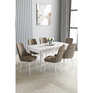 Zümra Serisi, Beyaz 80x132 Açılabilir Mdf Mutfak Masası Takımı 6 Adet Sandalye Cappucino
