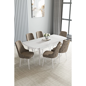 Zümra Serisi, Beyaz 80x132 Açılabilir Mdf Mutfak Masası Takımı 6 Adet Sandalye Cappucino