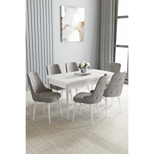 Zümra Serisi, Beyaz 80x132 Açılabilir Mdf Mutfak Masası Takımı 6 Adet Sandalye Gri