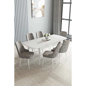 Zümra Serisi, Beyaz 80x132 Açılabilir Mdf Mutfak Masası Takımı 6 Adet Sandalye Gri