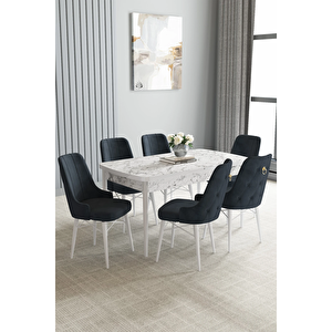 Zümra Serisi, Beyaz Mermer Desen 80x132 Açılabilir Mdf Mutfak Masası Takımı 6 Adet Sandalye Antrasit