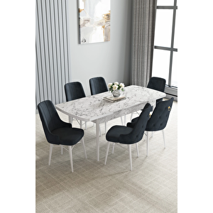 Zümra Serisi, Beyaz Mermer Desen 80x132 Açılabilir Mdf Mutfak Masası Takımı 6 Adet Sandalye Antrasit