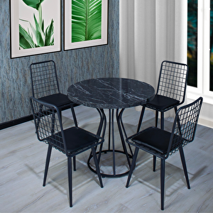 Safir Yemek Masa Sandalye Takımı 4 Kişilik Yıldız Sandalye Yuvarlak Vazo  Masa 80 Cm Siyah Mermer