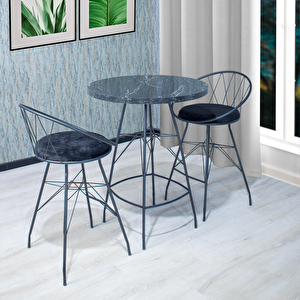 Azra 80x100 Oval Mutfak Yemek Masası 4 Kişilik Çapraz Telli Bar Sandalyesi Cafe Masa Siyah Mermer