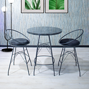 Azra 80x100 Oval Mutfak Yemek Masası 4 Kişilik Çapraz Telli Bar Sandalyesi Cafe Masa Siyah Mermer