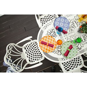 Ferforje Görünümlü Plastik Oval İstanbul Masa Sandalye Takımı  1 Masa 6 Sandalye Balkon, Bahçe Mobilyası Beyaz