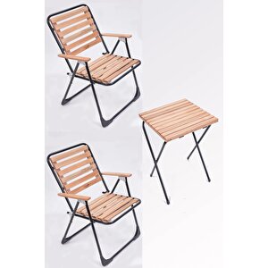 Bistro Masa Sandalye Seti 2 Adet Katlanır Ahşap Kollu Sandalye +  1 Adet Katlanır Kamp Masası