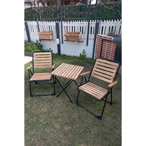 Bistro Masa Sandalye Seti 2 Adet Katlanır Ahşap Kollu Sandalye +  1 Adet Katlanır Kamp Masası