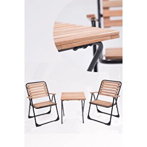 Bistro Masa Sandalye Seti 2 Adet Katlanır Ahşap Kollu Sandalye +  1 Adet Katlanır Kamp Masası