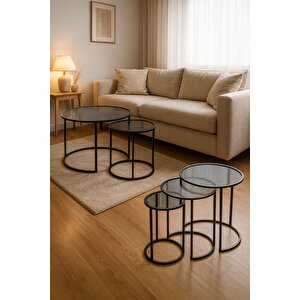 Tokyo Ikili Orta Sehpa 60 Cm & Alya Üçlü Zigon Sehpa Takımı Metal Füme Camlı
