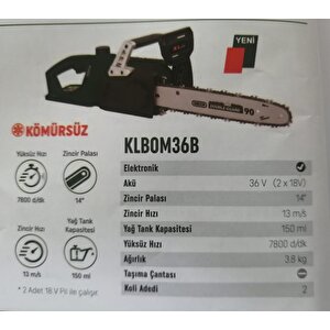 Klbom36b-20 36v/2ah. 355mm Kömürsüz Şarjlı Zincirli Testere