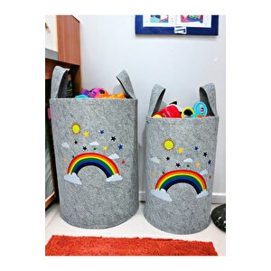 Unisex Gri Gökkuşağı Ve Bulut Temalı Büyük Ve Orta Boy Oyuncak Çamaşır Sepeti
