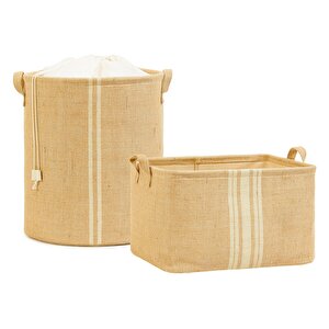 Ocean Home Textile 2'li Çizgili Jüt Sepet Set 1 Adet 42 X 31 X 25 / 1 Adet 36 X 40 Cm