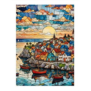 Deniz Kıyısındaki Kasaba Hediyelik Mdf Tablo 25cmx 35cm 25x35 cm