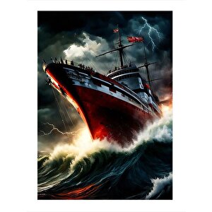 Dalgalardaki Kırmızı Gemi Art Mdf Poster 25cmx 35cm