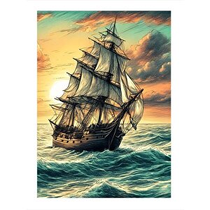 Dalgalarda Sallanan Retro Gemi Hediyelik Ahşap Tablo 35cm X50cm 35x50 cm