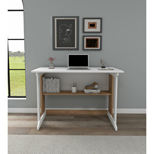 Optiwork Raflı Geniş Çalışma Masası 100x56 Cm Çam - Beyaz Çam Beyaz