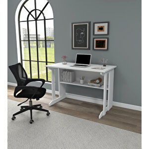 Optiwork Raflı Geniş Çalışma Masası 100x56 Cm Mat Beyaz Mat Beyaz