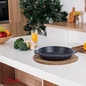 Lava Döküm Yuvarlak Servis Tabağı Ve Ahşap Altlığı.  Çap(ø)16cm.