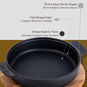 Lava Döküm Yuvarlak Güveç Kabı Döküm Demir Yekpare Çift Kulplu Kayın Servis Ahşabı Çap(ø)14cm.