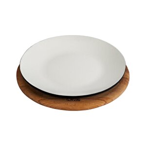Döküm Yuvarlak Servis Tabağı Ve Kayın Servis Ahşabı. İçi Sable Çap(ø)25cm.
