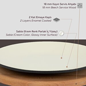 Lava Döküm Yuvarlak Servis Tabağı Ve Kayın Servis Ahşabı. İçi Sable Çap(ø)25cm.