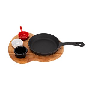 Döküm Yuvarlak Kızartma Tavası Yekpare Saplı Kayın Ahşap Altlık. Çap(ø)16cm. (bu Ürüne Sos Kapları Dahil Değildir)