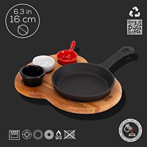Döküm Yuvarlak Kızartma Tavası Yekpare Saplı Kayın Ahşap Altlık. Çap(ø)16cm. (bu Ürüne Sos Kapları Dahil Değildir)