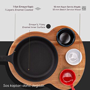 Lava Döküm Yuvarlak Kızartma Tavası Yekpare Saplı Kayın Ahşap Altlık. Çap(ø)16cm. (bu Ürüne Sos Kapları Dahil Değildir)