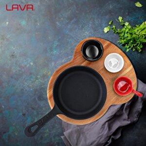 Lava Döküm Yuvarlak Kızartma Tavası Yekpare Saplı Kayın Ahşap Altlık. Çap(ø)16cm. (bu Ürüne Sos Kapları Dahil Değildir)