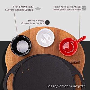 Lava Döküm Yuvarlak Saç Kavurma Tavası Döküm Demir Yekpare Çift Kulplu Kayın Servis Ahşabı Çap(ø)20cm. (sos Kapları Dahil Değildir