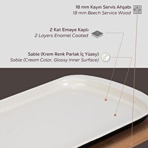 Lava Döküm Dikdörtgen Servis Tabağı Ve Kayın Servis Ahşabı. Ölçü 32x20cm.