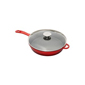 Kapaklı Döküm Tava 28cm Kırmızı