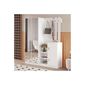 Wood Aynalı Kapaklı Askılı Vestiyer Portmanto Ayakkabılık Beyaz
