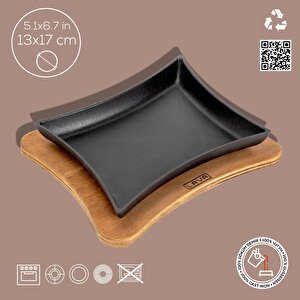 Lava Döküm Dikdörtgen Servis Tabağı Ve Ahşap Altlığı. Ölçü 13x17cm.
