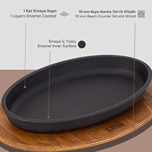 Lava Döküm Oval Servis Tabağı Ve Ahşap Altlığı.  Ölçü 15x25cm.