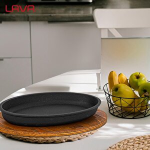 Lava Döküm Oval Servis Tabağı Ve Ahşap Altlığı.  Ölçü 15x25cm.
