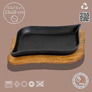 Lava Döküm Dikdörtgen Servis Tabağı Ve Ahşap Altlığı. Ölçü 13x19cm.