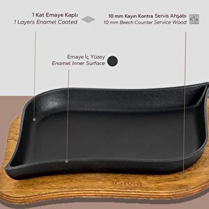 Lava Döküm Dikdörtgen Servis Tabağı Ve Ahşap Altlığı. Ölçü 13x19cm.