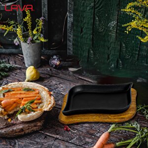 Lava Döküm Dikdörtgen Servis Tabağı Ve Ahşap Altlığı. Ölçü 13x19cm.
